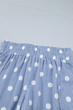 Blue and white striped polka dot shorts with elastic waistband and drawstring
