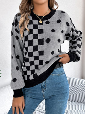 Gray acrylic sweater with checkerboard and dot intarsia pattern, crew neck, long sleeves.