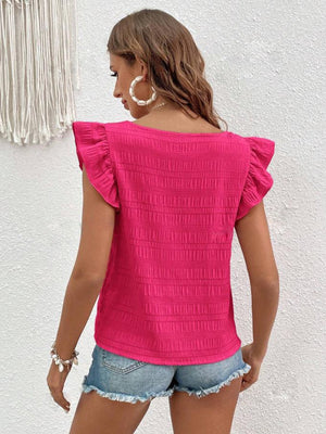 Textured ruffle sleeve square neck top in hot pink with a textured pattern.