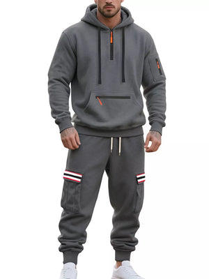 Men's Casual Half-zip Hoodie And Cargo Pants Set in Navy Blue, back view