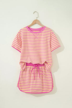 Pink and yellow striped cotton t-shirt and drawstring shorts set with pink trim