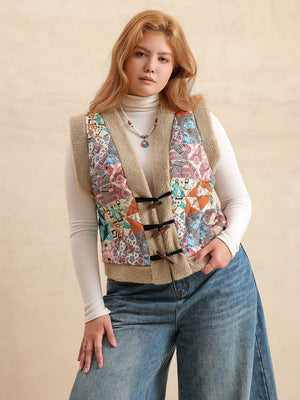 Patchwork sherpa vest with toggle closures and multicolor boho print.