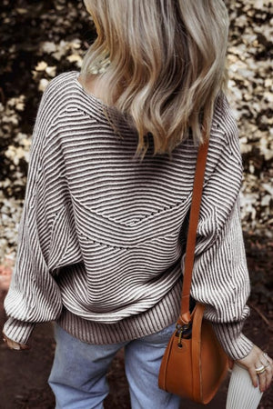 Textured stripe batwing knit sweater in taupe and white with a relaxed fit.