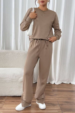 Camel relaxed fit loungewear set with drawstring pants and crewneck sweatshirt.