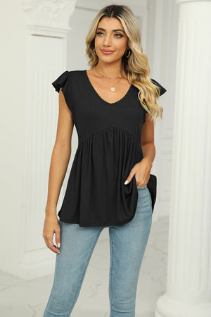 Black ribbed V-neck babydoll top with flutter sleeves and empire waist