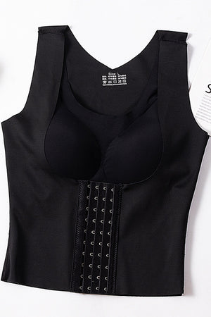 Black sculpting bodice tank top with hook-and-eye closure and built-in bra cups.