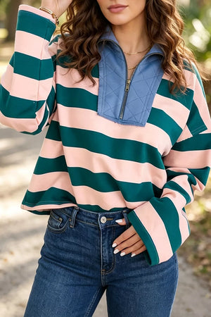 Stripe Quarter-zip Metal Zipper Top, front view