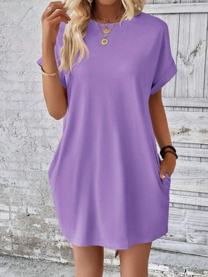 Relaxed lavender tee dress with cuffed sleeves and pockets