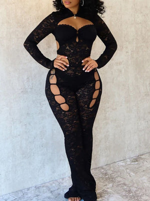 Black lace long-sleeve cutout romper with a keyhole neckline and side leg cutouts.