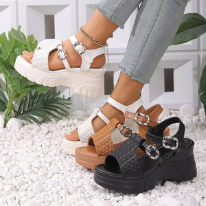 Woven texture high wedge sandals in beige, brown, and black with adjustable buckles.
