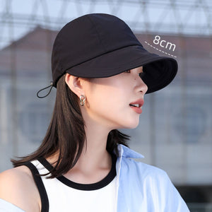 Black bucket hat with adjustable tie and 8cm brim for sun protection.