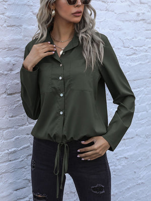 Drawstring waist utility shirt in Black Forest with button front and chest pockets