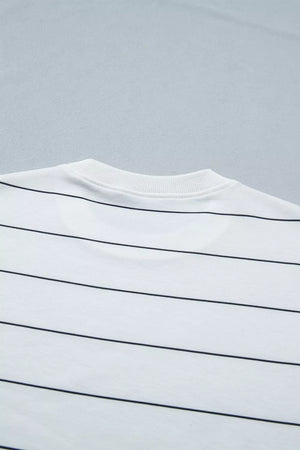 White polyester tee with black horizontal stripes and ribbed crew neck.