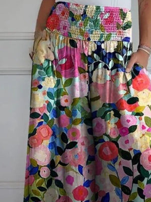 Smocked waistline floral maternity trousers with pockets