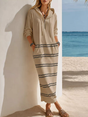 Casual Striped Drawstring Hooded Dress in White, fit detail