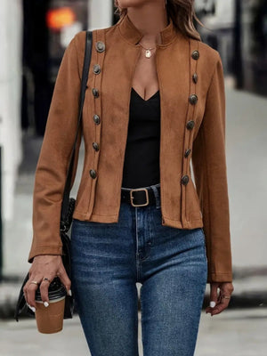 Brown suede military-inspired jacket with double-breasted button detail