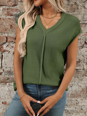 Moss knit sleeveless V-neck top with center seam detail.