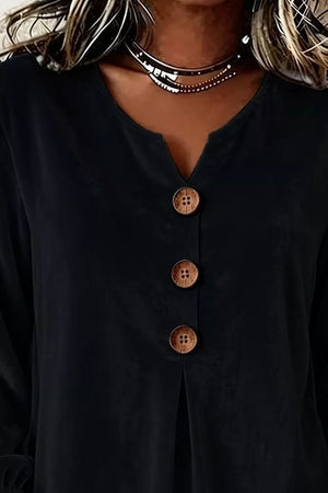 Velvet Button Decor Blouse With Ruffled Cuffs in Black, fit detail