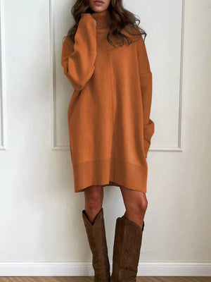 Drop shoulder turtleneck sweater dress in caramel with ribbed hem and cuffs.