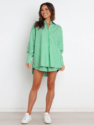 Green and white striped oversized shirting short set with a collared neckline and button-up front.