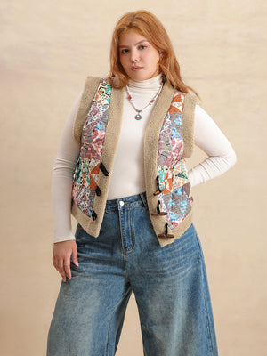 Patchwork sherpa toggle vest in multicolor with toggle closures and a cozy sherpa trim.