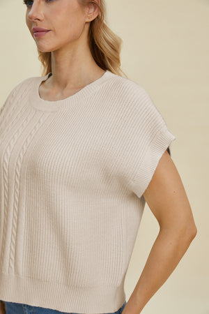 Beige cable knit cap sleeve pullover sweater with crew neck