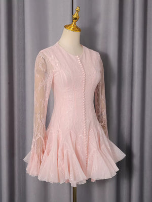 Lace Flare Sleeve Mini Dress in Pink, close-up detail