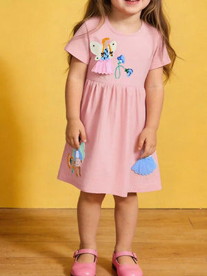 Toddler cotton dress with charming appliqué, embroidered detail.