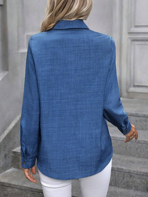 Blue linen-blend button-down shirt with long sleeves and button cuffs.