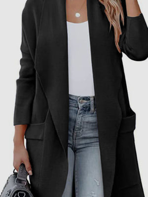 Black relaxed-fit open-front duster cardigan with pockets and waterfall collar.