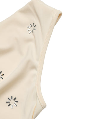 Cream sleeveless bodysuit with cowl neck and scattered rhinestone embellishments.