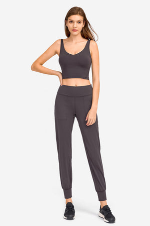 Sculpted Scoop Neck Crop Top in Gray, a fitted activewear tank with a V-neckline.