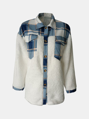 Plaid & Sherpa Hybrid Shacket with button front and chest pockets, featuring blue plaid fabric and cream sherpa.