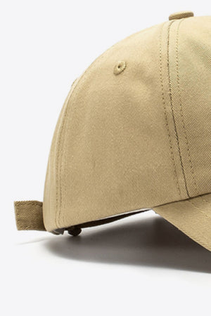 Khaki cotton baseball cap with adjustable strap detail