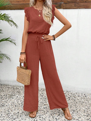 Terracotta textured ruffle sleeve drawstring jumpsuit with wide leg pants