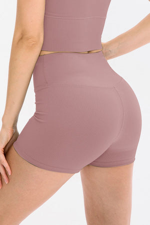 Ribbed sculpting active shorts in Dusty Pink with a high waist and V-seam detail.