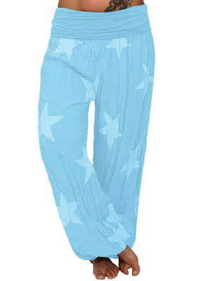 Pastel blue harem trousers with white star print and gathered waist