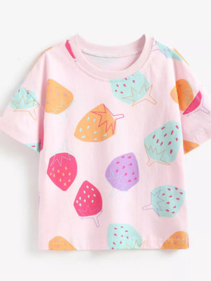 Pink cotton blend toddler t-shirt with a playful strawberry print and crew neck.