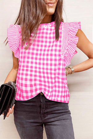 Fuchsia pink gingham blouse with mock neck and ruffle sleeves