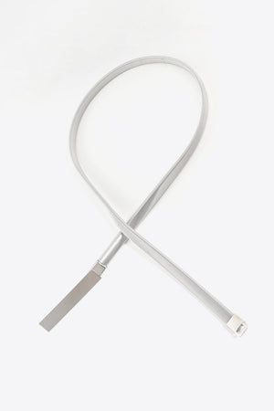 Slimline silver-tone metal mesh waist belt with adjustable buckle closure.