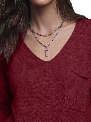 V-neck Chest Pocket Knit Top in Black, fit detail