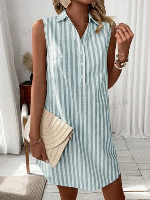 Light blue striped collared sleeveless shirt dress with button front, above knee length.