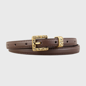 Brown cowhide leather belt with ornate gold buckle detail