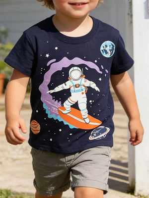 Navy cotton t-shirt with astronaut surfing in space graphic for toddlers