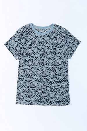 Teal spotted print crew neck t-shirt with short sleeves.