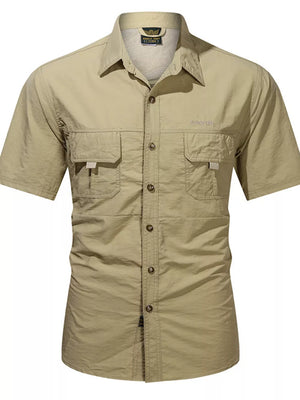 Khaki short sleeve button-up shirt with two chest pockets and a spread collar.