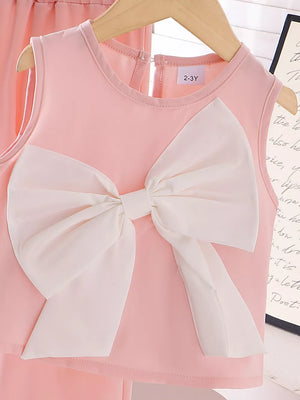 Children's Bow Tank And Pants Set in Pink, close-up detail