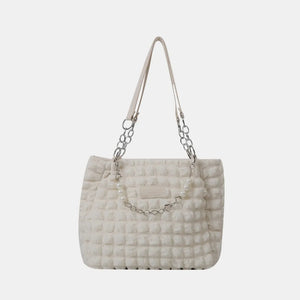Ivory textured grid shopper bag with pearl and chain strap detail