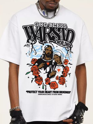 White cotton t-shirt with graphic art of Jesus, Mary, and cherubs surrounded by roses.
