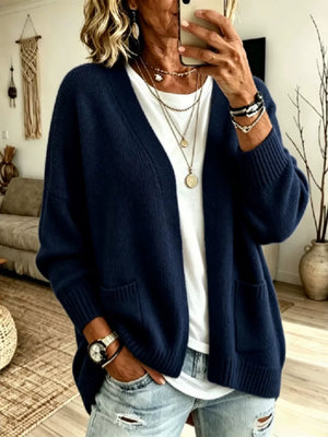 Open Front Knit Cardigan With Pockets in Army Green, fit detail